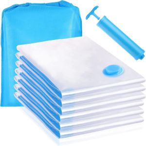 KALANKA-Sac Rangement Sous Vide Aspirateur, Lot de 6 (60 x 80cm) Sac Sous Vide Vetement avec 1 Pompe Manuelle et 1 de Rangement,Réutilisable Housse Rangement pour Rangement Vetement - Neuf