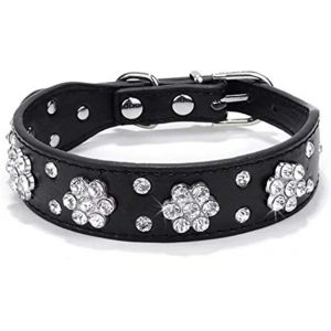 Eryi-Collier Pour Chien Avec Strass - Jolie Fleur Et Strass - Collier En Cuir Synthétique - Réglable - Tailles S, M Et L - Noir - Neuf