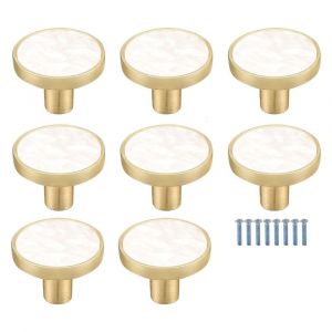 Lot de 8 boutons de placard ronds en laiton marbré blanc ¿ Boutons de tiroir décoratifs blancs ¿ Boutons de commode dorés pour meubles de cuisine, patères à vêtements - Neuf