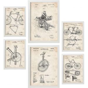 Ensemble De 6 Affiches De Brevets Vélo. Affiches Avec Des Illustrations De Brevets Rétro Pour Votre Maison. Décoration Intérieure De Style Vintage. Formats A4 Et A3. Avec Cadre. - Neuf