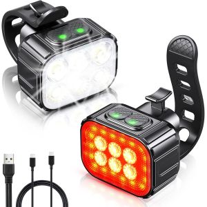 Lumiere Velo Avec Spot Et Faisceau D'inondation, Rechargeable Par Usb Lampe Vélo Led Étanche Ip65, 2 X 4 + 2 X 6 Modes De Luminosité Eclairage Velo Avant Et Arrière Pour Cyclysme Vtt - Neuf