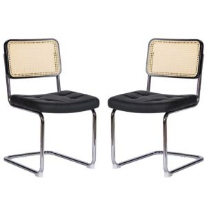 W5318P426193, ensemble de deux chaises &agrave; manger en tissu de velours noir, en bois de rattan et pieds chrom&eacute;s.Cette chaise moderne, con&ccedil;ue par Braun, offre un confort optimal gr&acirc;ce &agrave; des coussins - Neuf