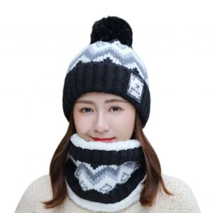 2 Pièces/Ensemble Femmes Hiver Chapeau Et Écharpe Ensemble En Peluche Boule Décor Contraste Couleur Épaisse Peluche Ligne Résistant Au Froid Bonnet En Plein Air Ski Patinage Cyclisme Cou Couverture Ensemble De Casquette-Noir - Neuf