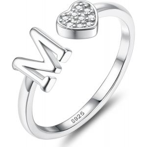 Bague Argent 925 Femme Avec Lettre A-Z Bague Coeur Reglable Empilables Ouvert Bague De Fian&ccedil;ailles Bague Promesse Mariage Bague Pouce Bague Pr&eacute;nom Initiale Bague Femme Fille Avec Bo&icirc;te - Neuf