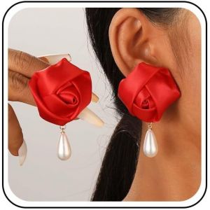 Kalhx-Boucles D'oreilles &Agrave; Grandes Fleurs Rouges Boucles D'oreilles Pendantes En Perles Florales Boucles D'oreilles Pendantes En Forme De Larme Boucles D'oreilles En Tissu &Agrave; Fleurs Roses Rouges - Neuf
