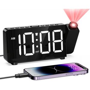 R&eacute;veil &agrave; projection, affichage num&eacute;rique de 6,4 pouces et r&eacute;glage de la nettet&eacute; de projection, port USB, snooze, 12/24, DST, r&eacute;glage de la luminosit&eacute; pour chambre &agrave; coucher, plafond, mur - Neuf