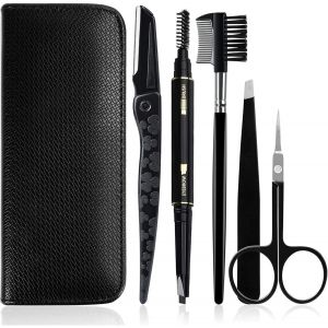 EPKH-Kit de Sourcils 5 Pcs - Pince, Crayon, Ciseaux, Peigne, Rasoir et Housse de Transport Pour Femmes et Hommes, Noir - Neuf