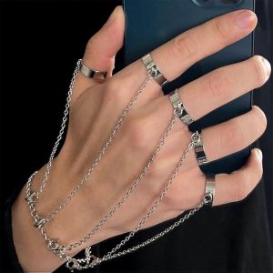 Vintage Ouvert Doigt Bague Avec Chaîne,Punk Cross Knuckle Bague Avec Pompon Gothique Bijoux Accessoires Cadeaux Pour Les Femmes Filles - Neuf