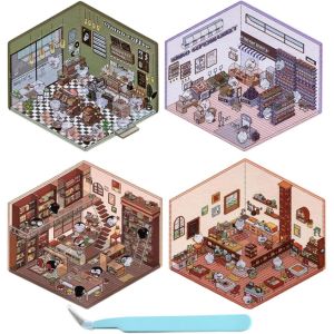 RVKAL-Lot De 4 Autocollants 3D &Agrave; Faire Soi-M&ecirc;me,Sc&egrave;ne D'Autocollants Amusants Pour Cr&eacute;er Votre Propre Supermarch&eacute;,Autocollants De Sc&egrave;ne De Dessin Anim&eacute; 3D Mignons Pour Soulager Le Stress Pour Les - Neuf