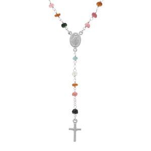 Collier Argent Rhodi&eacute; Chapelet Boules Facet&eacute;es Tourmaline Multi Couleurs 45+5cm - Neuf