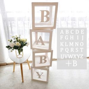 CAUC-Boite Ballon Lettre Decoration Anniversaire Fille Garcon - 4 Boite Baby Transparente Avec Lettre A-Z(Deux Lettres B), Cube Ballon Lettre Pour Baby Shower Deco Toile De Fond Anniversaire - Neuf