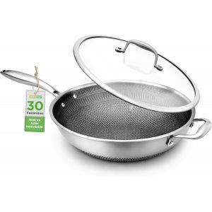 Subzonal-Nutrichef-Wok 30 Cm, Po&ecirc;le Wok En Acier Inoxydable, Couvercle En Verre, Rev&ecirc;tement Antiadh&eacute;sif, R&eacute;sistant Aux Rayures,Pour Induction, Gaz, Electricit&eacute; Et C&eacute;ramique - Neuf