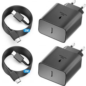 SJZG-2Pcs Chargeur 45W Super Charge Rapide Pour Samsung Galaxy S25,S24+,S24 Ultra,S23+,S23 Ultra, S22,S21,Note20,A54,A53,Z Fold5,Flip5,Fold4, Flip4,Tab S8,Prise Secteur Usb C Adapteur Avec 2M C&acirc;ble U - Neuf