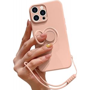 Kal-Coque Pour Iphone 15 Pro En Silicone Liquide Avec Anneau De Support,Dragonne Amovible,Béquille Magnétique De Voiture,Coque De Protection Antichoc-Rose - Neuf