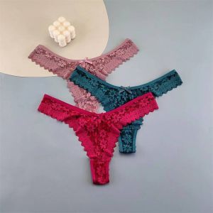 3pcs Women Lace Thong Underwear Pack Transparent Mid-Waist Underpants Female Briefs Ruffles G-Strings Plus Size.L.Coffee Green Winered - Neuf