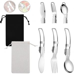 2 Sets Menagere De Couverts Pliables,304 Acier Inoxydable,Fourchettes De Table,Couteau De Table,Cuill&egrave;re De Table,&Eacute;quip&eacute; D'un Sac En Toile De Jute Noir Et D'un Sac En Toile De Jute Blanc - Neuf