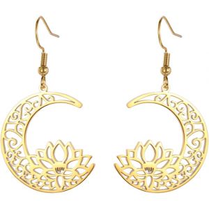 Lotus Flower Pendant Earrings Stainless Steel Lotus Moon Pendant Earrings Inspirational Jewellery For Women Charming Ladies - Neuf