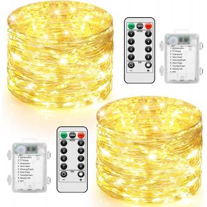 TRAHOO-Lot de 2 Guirlande Lumineuse &agrave; Piles,10M 100 LED Guirlande Lumineuse Exterieure avec T&eacute;l&eacute;commande Minuterie, 8 Modes Guirlande Led Int&eacute;rieur pour Decoration Noel, Chambre,Mariage,F&ecirc;te - Neuf