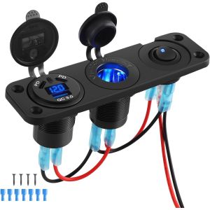 12V Prise Allume Cigare de Chargeur Voiture Double 45W PD Type C et 18W QC3.0 USB avec Voltm&egrave;tre Num&eacute;rique LED Interrupteur &Eacute;tanche pour 12V/24V Voitures Bateaux Moto - Neuf