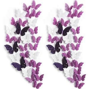 120 Pièces 60 Paires Décor Murale Papillon en Couches 3D Autocollants Papillon Amovibles Stickers Muraux Creux Artisanat d'Art Mural Décoratif Bricolage pour Décoration Mariage (Blanc,Violet) - Neuf
