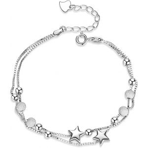 Kalanka-Bracelet Argent Femme, 2 En 1 Bracelet Etoile Perle R&eacute;glable, Double Argent Fin Pour Ado, Bijoux Cadeau Anniversaire, Bracelet Fille 12 Ans. - Neuf