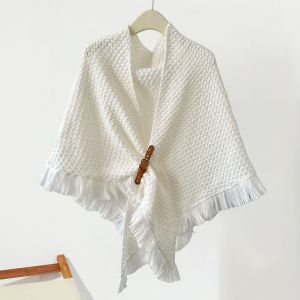 Châle Tricoté Avec Pompon, Décoration, Écharpe Triangulaire De Couleur Unie Avec Boutons, Enveloppe Tricotée Chaude Et Épaisse, Automne Et Hiver-Blanc Laiteux - Neuf