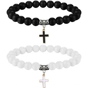 Eryi-Bracelet Couple Amoureux Pour 2, 2 Pièces Noir Et Blanc Croix Bracelet, Fille Garçon Adolescent Pierre Perles Bracelet - Neuf