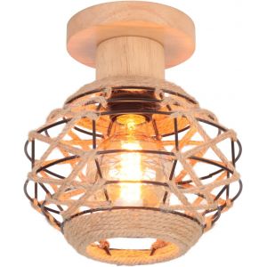 KAL-Plafonnier Vintage Industrielle, E27 Lampe De Plafond Rétro, Ø20Cm Abat-Jour Cage En Forme Diamant En Métal Et Corde De Chanvre, Bois Lumière Au Plafond Pour Pour Salon Salle Chambre Cuisine - Neuf