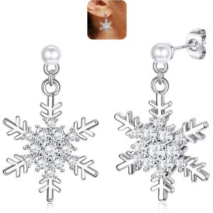 Kal-925 Sterling Argent D'oreilles Flocon Neige Boucles D'oreilles Flocon Neige Pour Femmes Pendantes Flocon Neige Noël Perle Scintillante Hypoallergéniques Flocon Neige Cz Bijoux Noël Cadeaux - Neuf