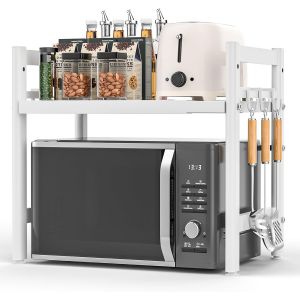 Support pour Micro Onde et Four Extensible Etagere Micro-Ondes,Support en M&eacute;tal Four &agrave; Micro-&eacute;tag&egrave;re pour Micro-Ondes avec 6 Crochets Suspendus Meuble Micro Ondes Cuisine Rangement (Blanc) - Neuf