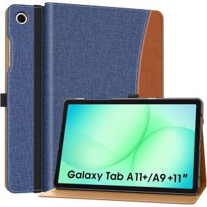 KALANKA-Coque pour Samsung Galaxy Tab A11+/A11 Plus/A9+/A9 Plus 11 Pouces 2025/2023, Multi-Angles &Eacute;tui en Cuir PU avec Dragonne, Poche, Auto R&eacute;veil/Sommeil, Denim Bleu & Brun - Neuf
