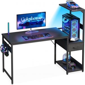 JEXNOVASHOP-Bureau Gaming avec &Eacute;clairage LED, 120&times;48 cm Bureau Gamer avec Rangement Tiroirs et &Eacute;tag&egrave;res, Bureau Informatique R&eacute;versible avec Pat&egrave;re pour Casque, Noir Fibre de Carbone - Neuf