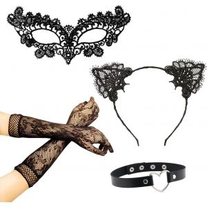 Ensemble D'accessoires De Mascarade 5 Pi&egrave;ces,Masque Pour Les Yeux En Dentelle,Bandeau D'oreille De Chat,Collier En Forme De Coeur,Gants En Dentelle,Convient Pour Le Carnaval,La Discoth&egrave;que. - Neuf