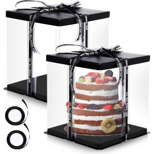 Jexnovashop-Lot De 2 Bo&icirc;tes &Agrave; G&acirc;teau Transparentes 30 X 30 X 25 Cm | Bo&icirc;te &Agrave; G&acirc;teau De Qualit&eacute; Sup&eacute;rieure Avec Socle Et Ruban | Bo&icirc;te Cadeau R&eacute;utilisable Transparente Pour Anniversaire, Mariage, Dess - Neuf