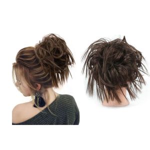Chignon Chouchou Ondul&eacute; Boucl&eacute; Et D&eacute;coiff&eacute; - Postiche En Fibre Haute Temp&eacute;rature Marron Moyen - Neuf