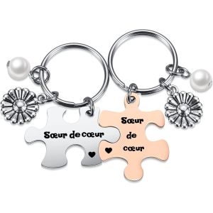 Loc-2pcs Porte-Clés Amitié Bff Puzzle Séparable Personnalisé Soeur De Coeur Pâquerette Keychain Trousseau Pendentif Couple Amoureux Acier Inoxydable Cadeau Anniversaire Noël Femme #1 - Neuf