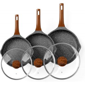 Letnerny-Induction Set De Poêles Avec Couvercles Antiadhésif Set De Poêles À Frire 20 Cm 24 Cm 28 Cm Granit Poêle À Omelette Sans Pfoa Marbre Batterie De Cuisine Avec Poignée Résistante À La Chaleur - Neuf