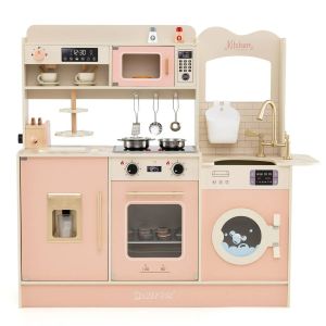 Cuisine jouet pour enfants avec accessoires ludiques 100 x 29,5 x 94 cm ambiance interactive moderne en MDF rose Helloshop26 20_0018940 - Neuf