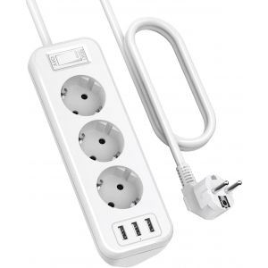 Multiprise 3 Prises avec 3 Ports USB, multiprise d'angle Multifonction avec Interrupteur, multiprise avec Protection Contre Les surcharges avec rallonge de 1,8 m pour Cuisine, Blanc - Neuf