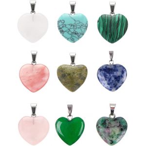 Meimie-Cristal Charms-9 Pcs Pendentif Pierre Naturelle Lithotherapie Forme De C?ur Pendentifs Forme De C?ur Pierre Semi Précieuse Collier Pierre Chakra Perles Pendentifs Pierre Diy Cristal Charms - Neuf