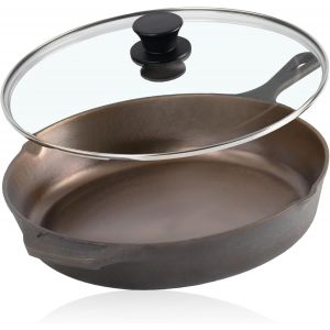 Jexnovashop-Poêle En Fonte Polie Avec Couvercle De 29,5 Cm - Poêle À Frire Avec Deux Becs Verseurs - Couvercle De Poêle À Griller - Poêle Universelle - Poêle À Feu - Poêle En Fonte Polie - Avec Couve - Neuf