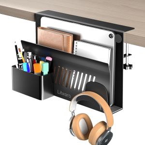 Organiseur De Rangement Lat&eacute;ral De Bureau, Support Pour Ordinateur Portable &Agrave; Clipser Sur &Eacute;tag&egrave;re De Bureau, Sans Per&ccedil;age, Support De Bureau Pour Ordinateur Portable Avec Porte-Stylo - Neuf