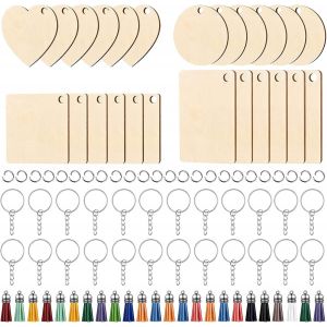 KALANKA-96 Pi&egrave;ces Porte-Cl&eacute;s en Bois Bricolage Vierge Porte Cl&eacute; Bois Brut Rectangle Personnalis&eacute; Porte Cl&eacute;s &Eacute;tiquette Gravable Peinte pour Femmes Hommes Porte Clef Bois Naturel D&eacute;cor (4 Formes Diff&eacute;r - Neuf