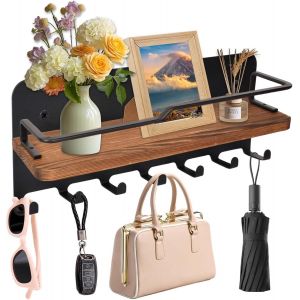 Porte-clés Mural en Bois avec Étagère ¿ Support à Clés Décoratif avec 7 Crochets, Organisation Pratique pour Entrée, Couloir, Bureau ¿ Tableau à Clés Moderne pour Ranger Clés, Courrier (Noir) - Neuf