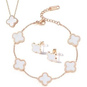 Ensemble De Bijoux &Agrave; La Mode En Forme De Tr&egrave;fle &Agrave; Quatre Feuilles, Collier, Boucles D'oreilles, Bracelet En Acier Titane, Ensemble De Bijoux En &Eacute;mail D&eacute;licat (Blanc) - Neuf