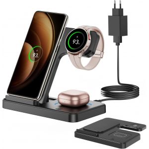 Foldable Induction Charger For Samsung, 3 In 1 Charging Station For Samsung S25/S24/S23/S22/Zflip/Fold, Wireless Charger For Galaxy Watch 7/6/5/4/3, Wireless Charger For Galaxy Buds - Black - Neuf