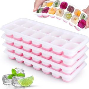 Kalanka-Lot De 4 Bacs &Agrave; Gla&ccedil;ons Avec Couvercle, Jrisbo Moule &Agrave; Gla&ccedil;ons En Silicone Sans Bpa Certifi&eacute; Lfgb, Empilable Gla&ccedil;ons Plaque Carr&eacute; Ice Cube Tray Pour Nourriture B&eacute;b&eacute;, Whisky, Boissons (Rose) - Neuf