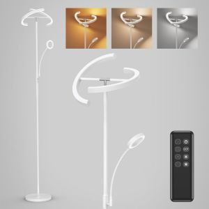 Lampadaire Sur Pied Salon Dimmable Avec Liseuse | 20w+7w Gris, Lampadaire Avec Télécommande & Touche, Fonction Mémoire, Led Lampe Sur Pied Moderne Pour Bureau Chambre - Neuf
