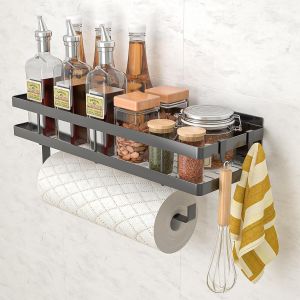 Cauc-Etagere Murale Cuisine, Rangement Epices Cuisine Avec 4 Crochets Et Porte-Rouleau De Cuisine, &Eacute;tag&egrave;re Murale Sans Percer Pour &Eacute;pices, Canettes, Pots, Ustensiles De Cuisine - Neuf