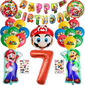 Eryi-7 Ans Ensemble De Décorations D'anniversaire Pour Enfants, 25 Objets Décoratifs Sur Le Thème Du Jeu Vidéo, Comprenant Bannière, Autocollants Tatouage, Ballon Numéroté, Ballon De Personnage - Neuf